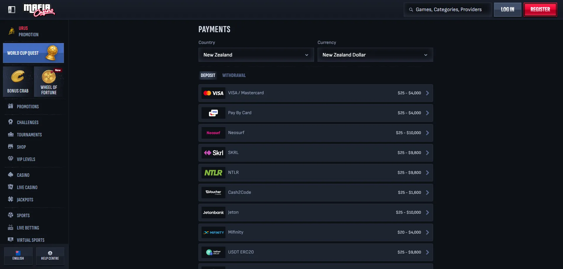 Mafia Casino NZ payment methods – crypto, Visa, Mastercard and e-wallets
