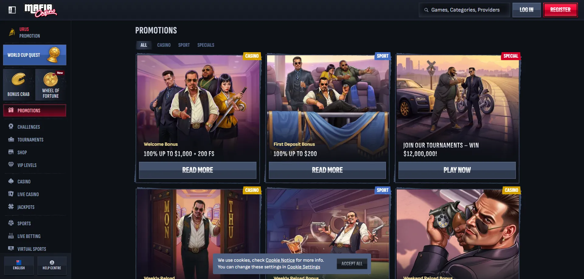 Mafia Casino NZ welcome bonus – 100% up to NZ$1,000 plus 200 free spins